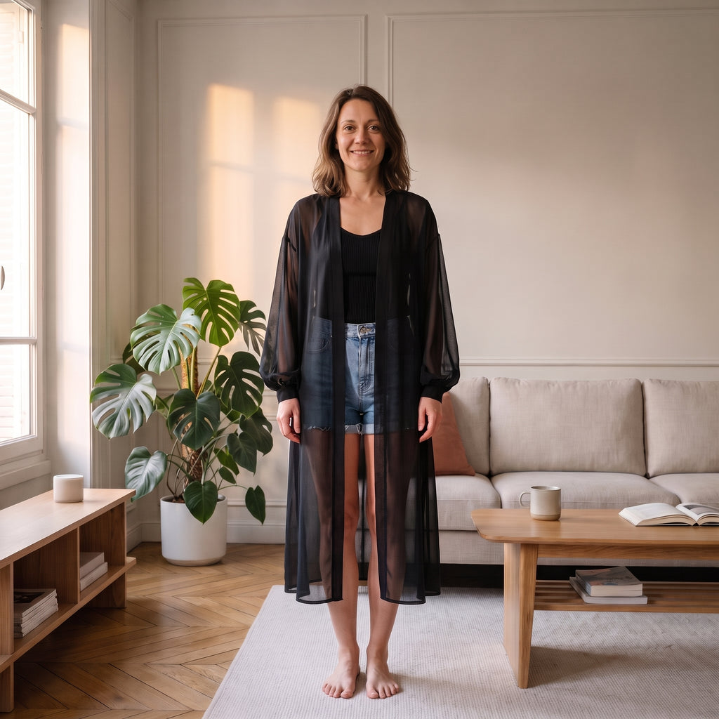 Kimono long en mousseline Noir