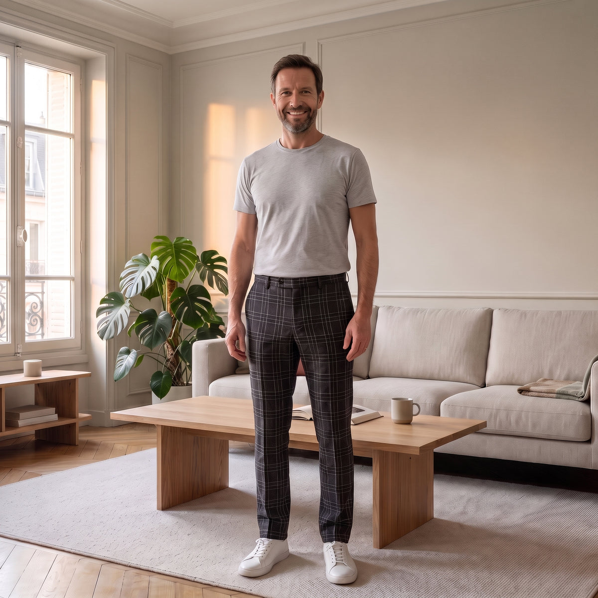 Pantalon à carreaux homme, coupe ajustée Noir