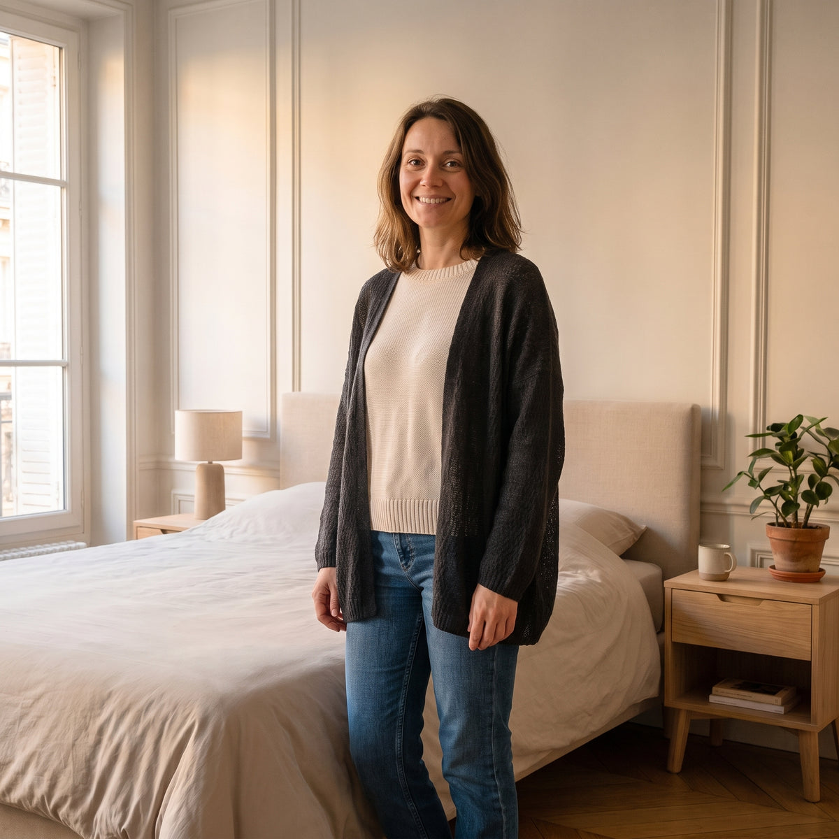 Cardigan noir en maille ajourée porté dans une chambre