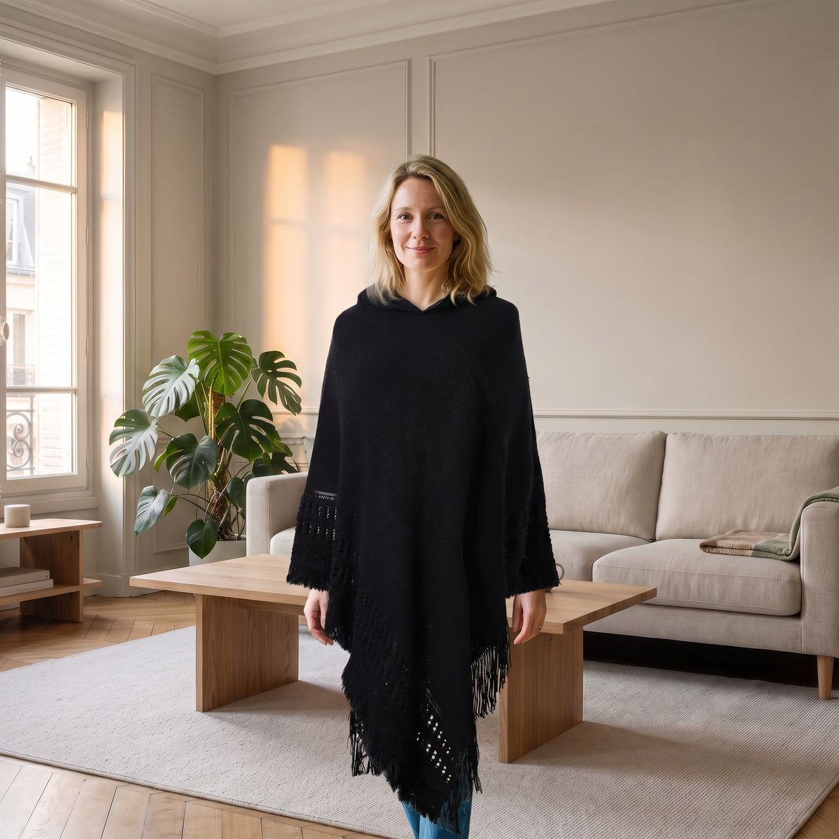 Cape bohème noire à franges portée dans le salon