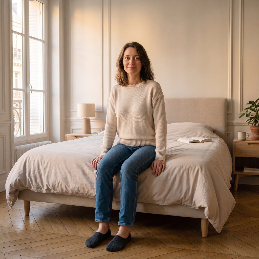 Chaussettes basses noires à cœur doré portées aux pieds dans une chambre