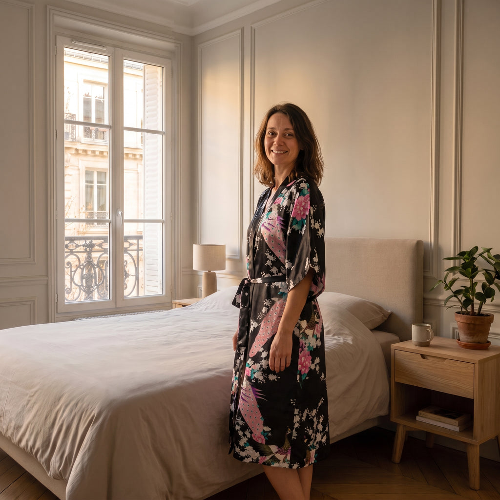 Robe longue en satin à fleurs Noir
