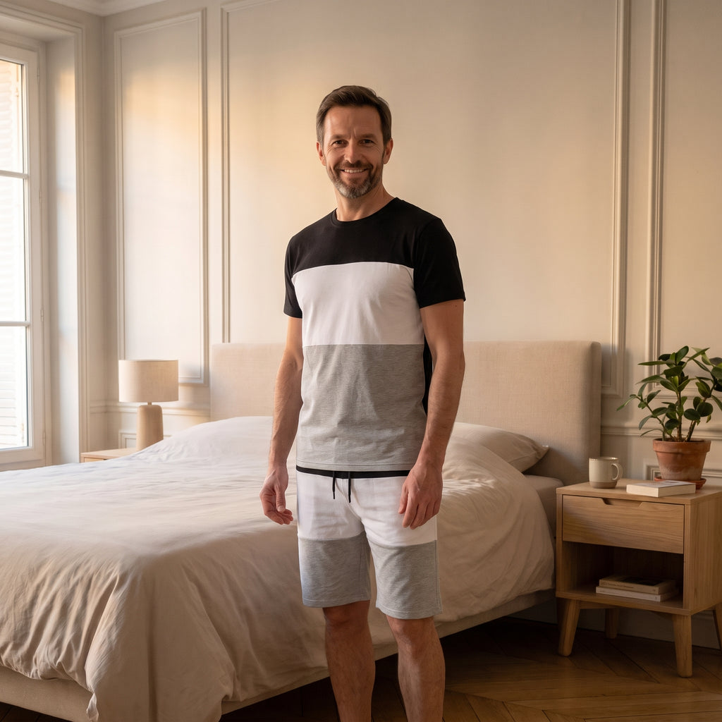 Homme portant l’ensemble court color block noir