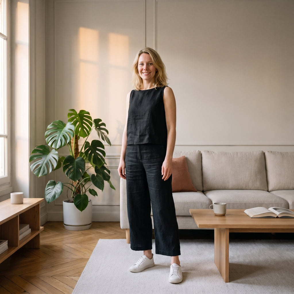 Ensemble en lin noir porté par une femme