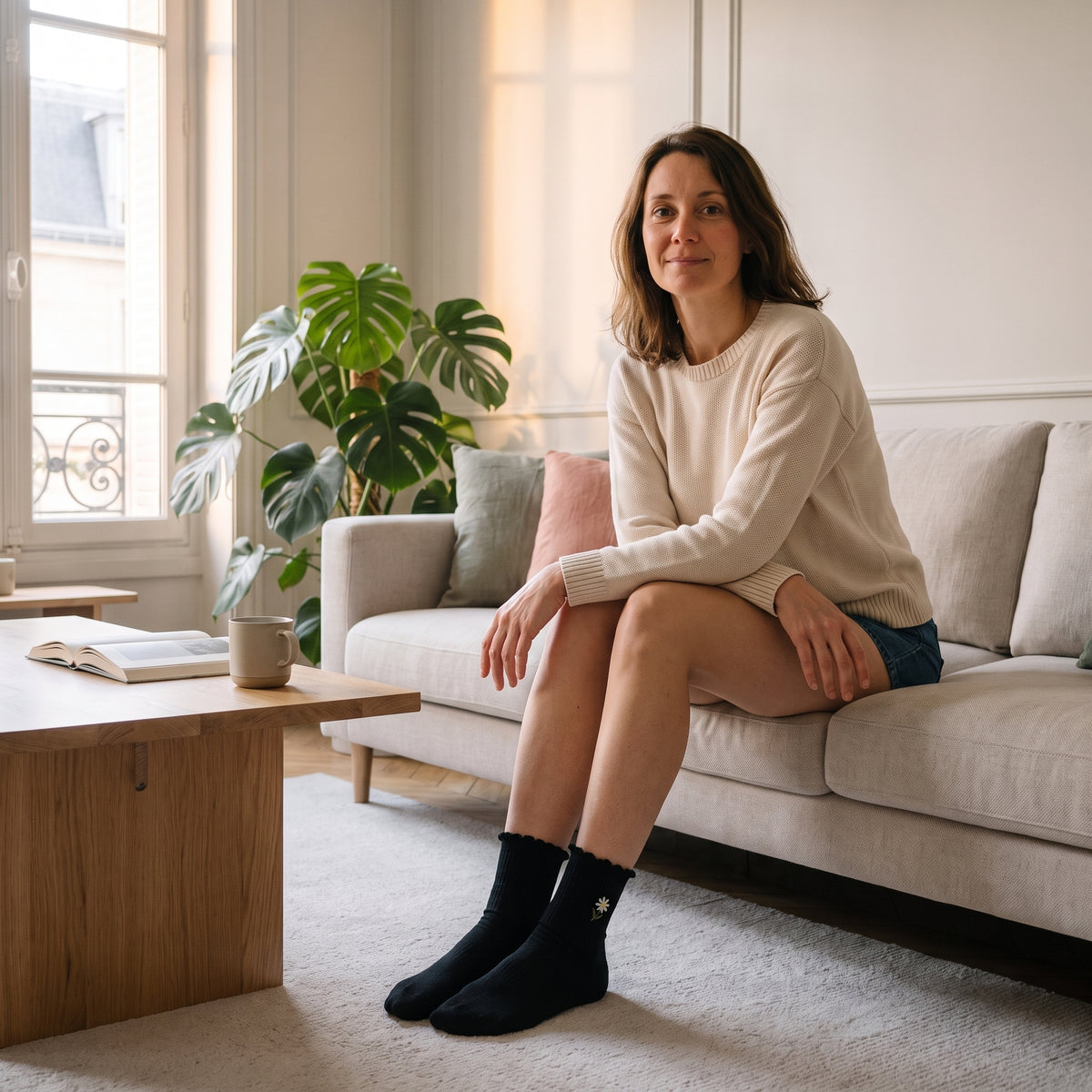 Chaussettes à volants noires à fleurs brodées portées
