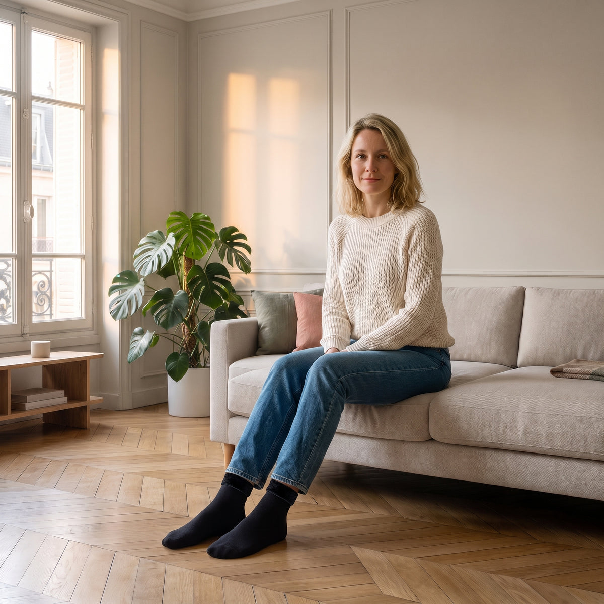 Chaussettes unies noires à revers duveteux portées aux pieds dans le salon