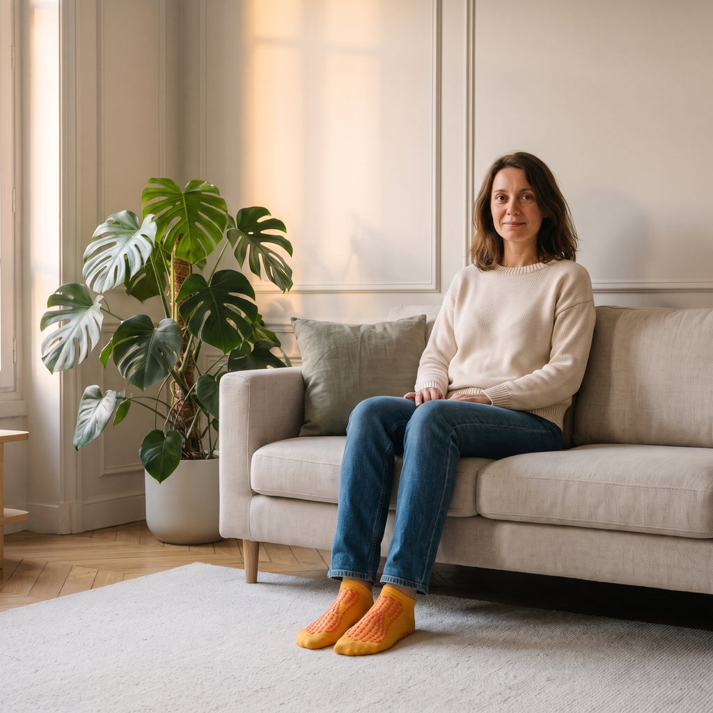 Chaussettes antidérapantes orange portées aux pieds