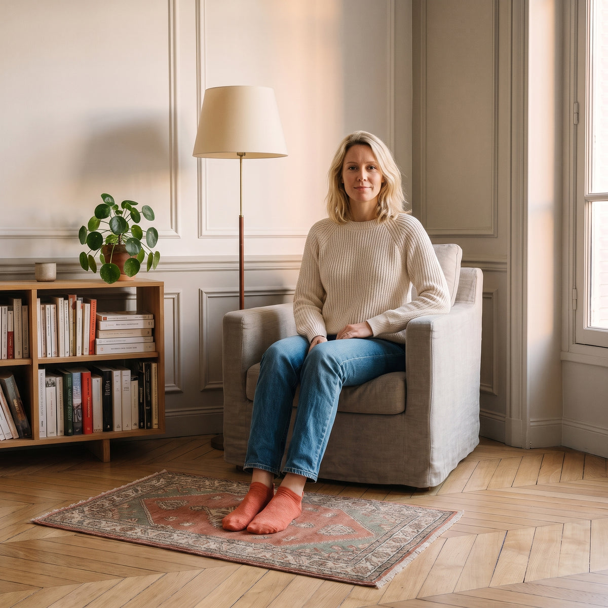 Chaussettes basses orange à cœur doré portées aux pieds dans un coin lecture