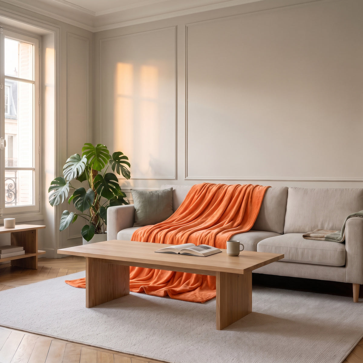 Plaid en flanelle orange jeté sur un canapé