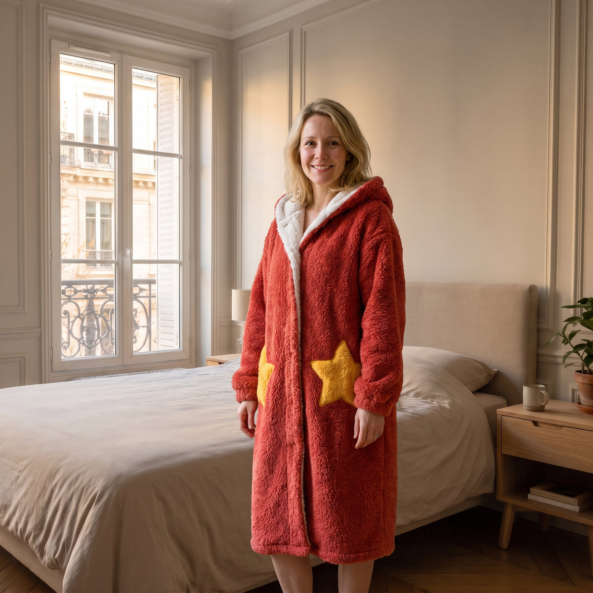 Peignoir à capuche en sherpa orange porté par une femme
