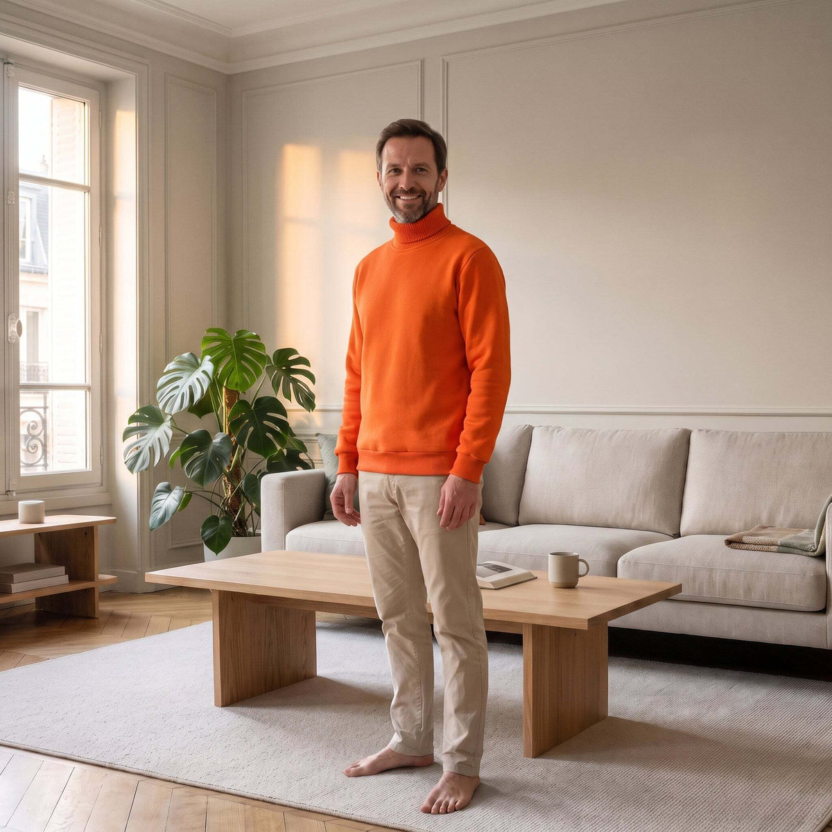Pull col roulé polaire orange porté par un homme