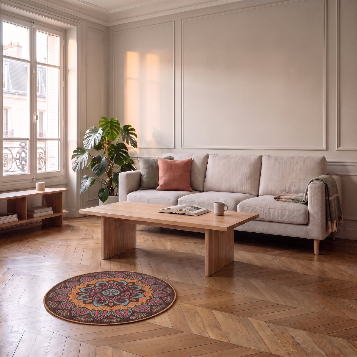 Petit tapis rond à mandala orange posé au sol du salon