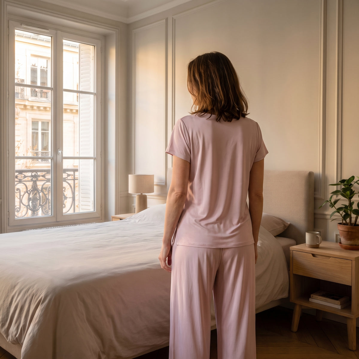 Pyjama mi-saison parme porté par une femme dans sa chambre