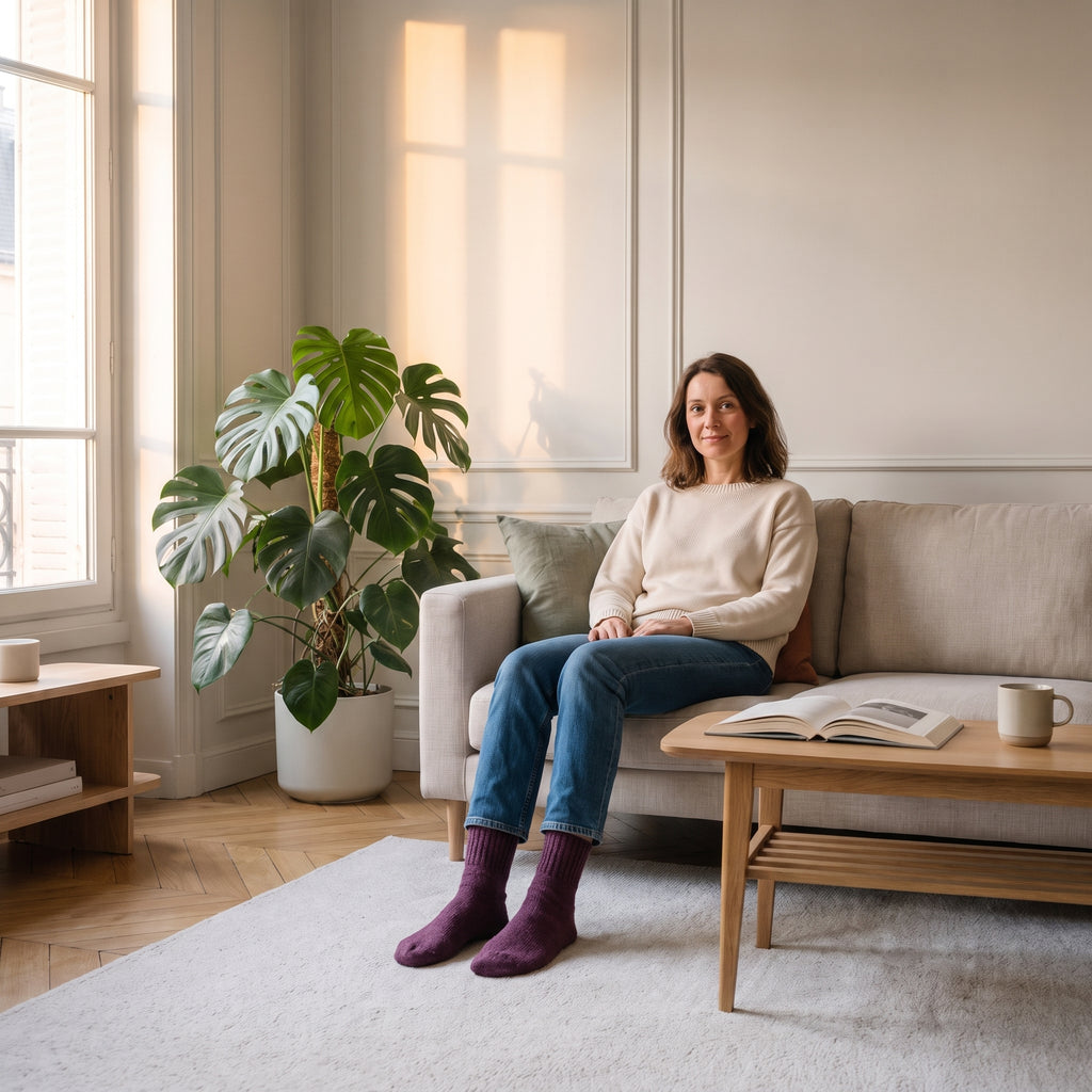 Chaussettes en laine épaisse prune portées