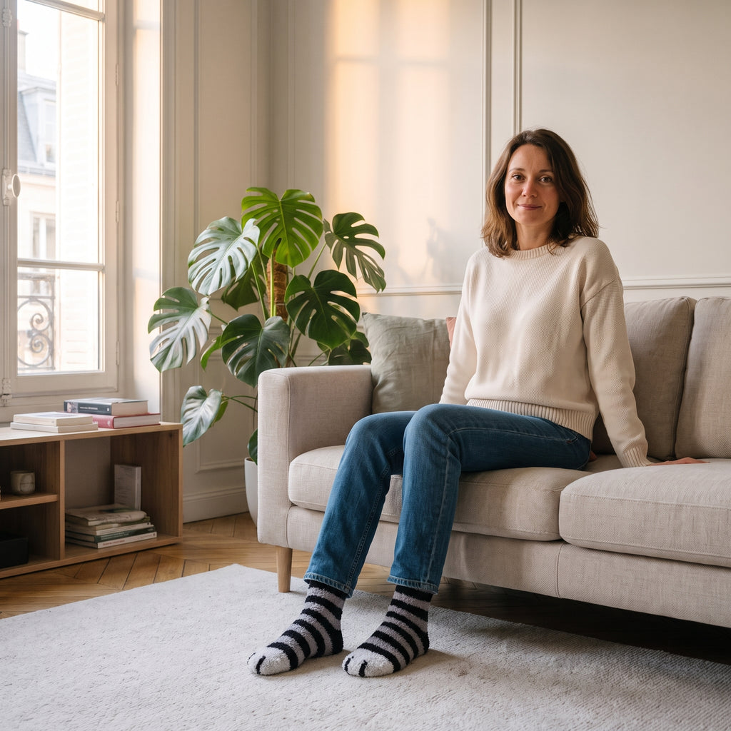 Chaussettes pattes de chat tigrées noires et grises portées