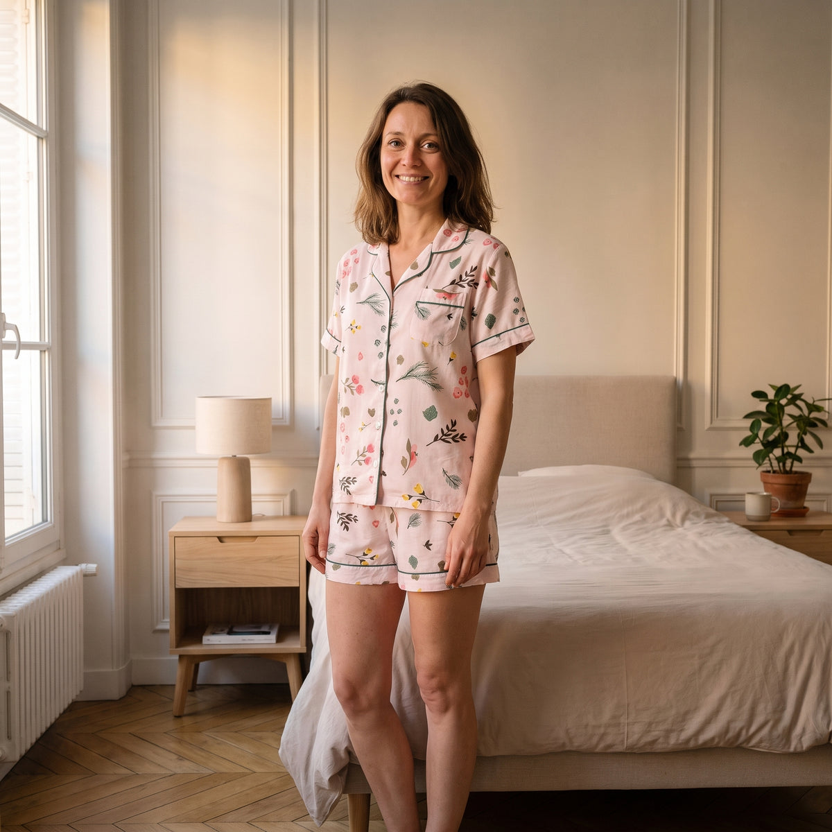 Pyjama court en coton à motifs Rose à fleurs jaunes
