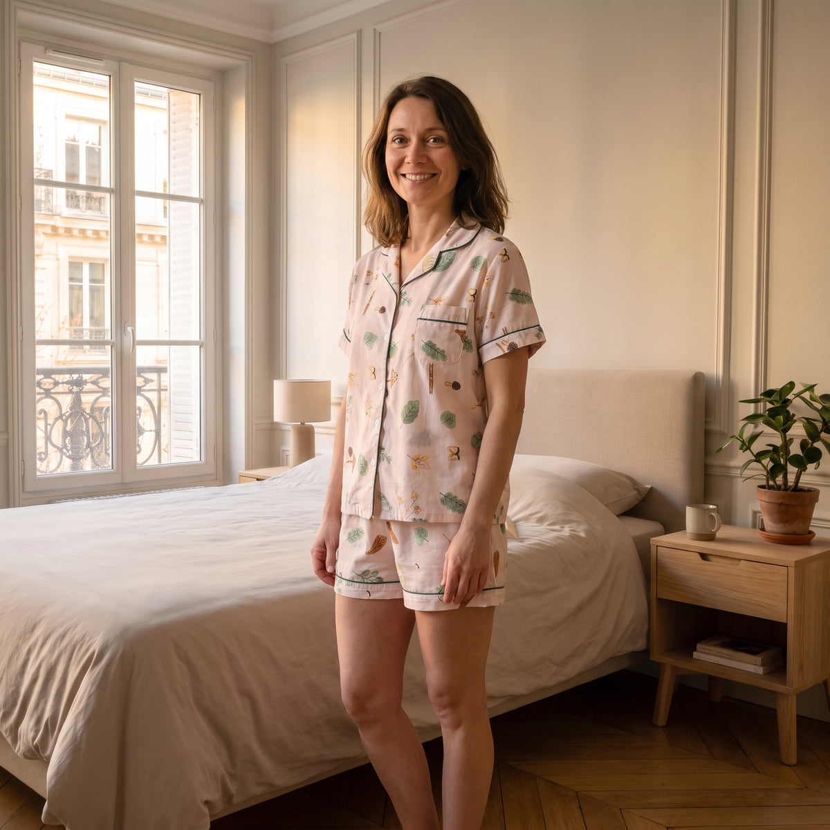 Pyjama court en coton à motifs Rose aux feuillages verts
