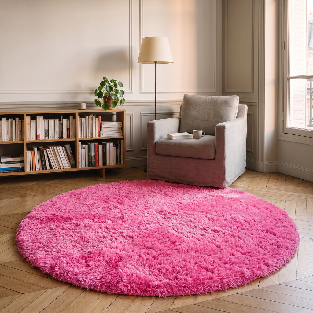 Tapis rond à poils longs coloris Rose bonbon, posé devant le fauteuil d'un coin lecture