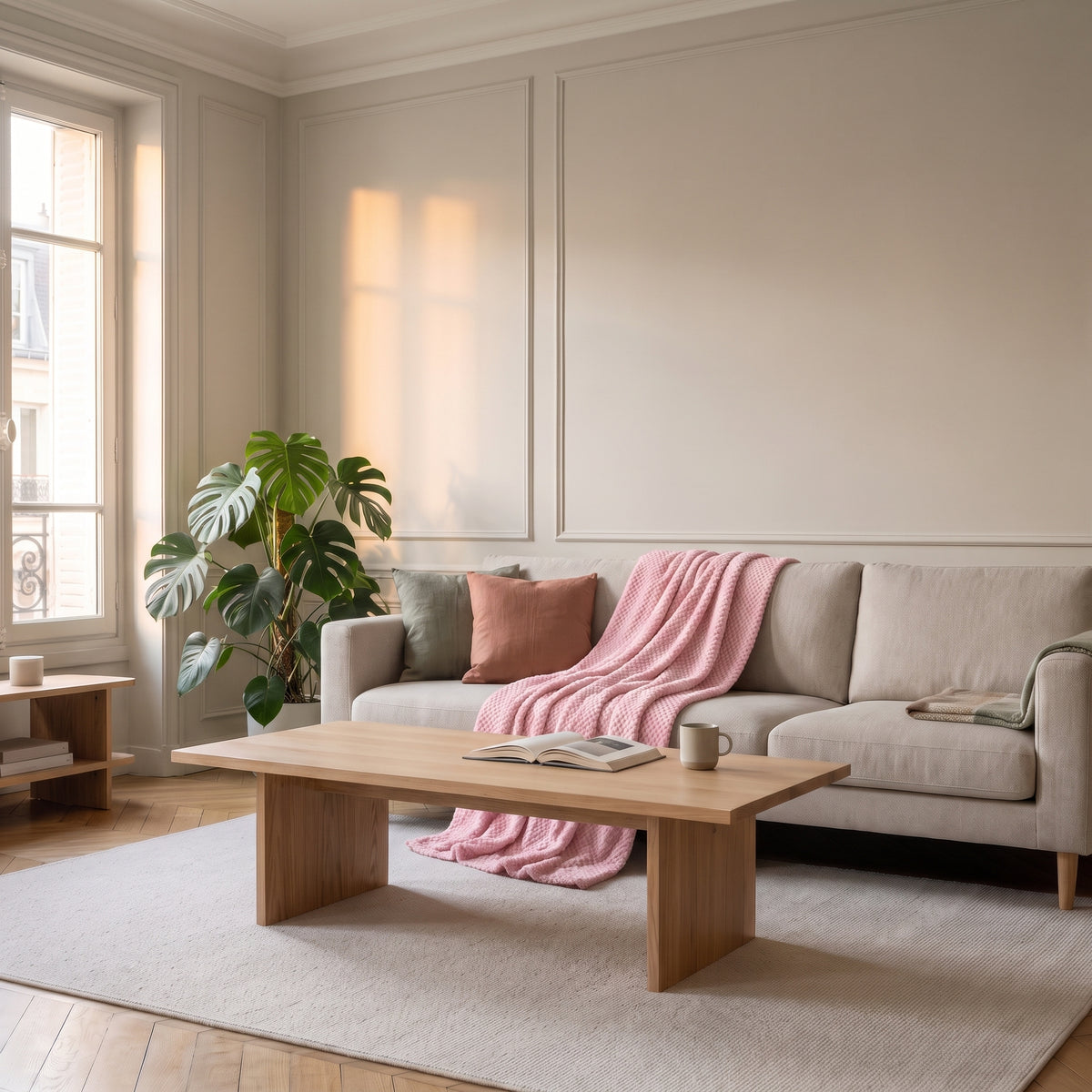 Plaid en polaire rose clair jeté sur un canapé