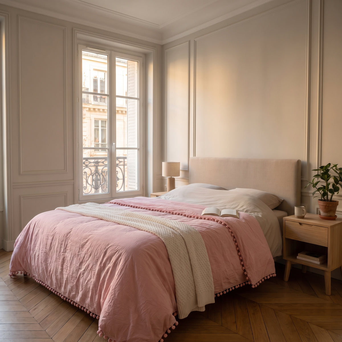 Housse de couette à pompons rose clair