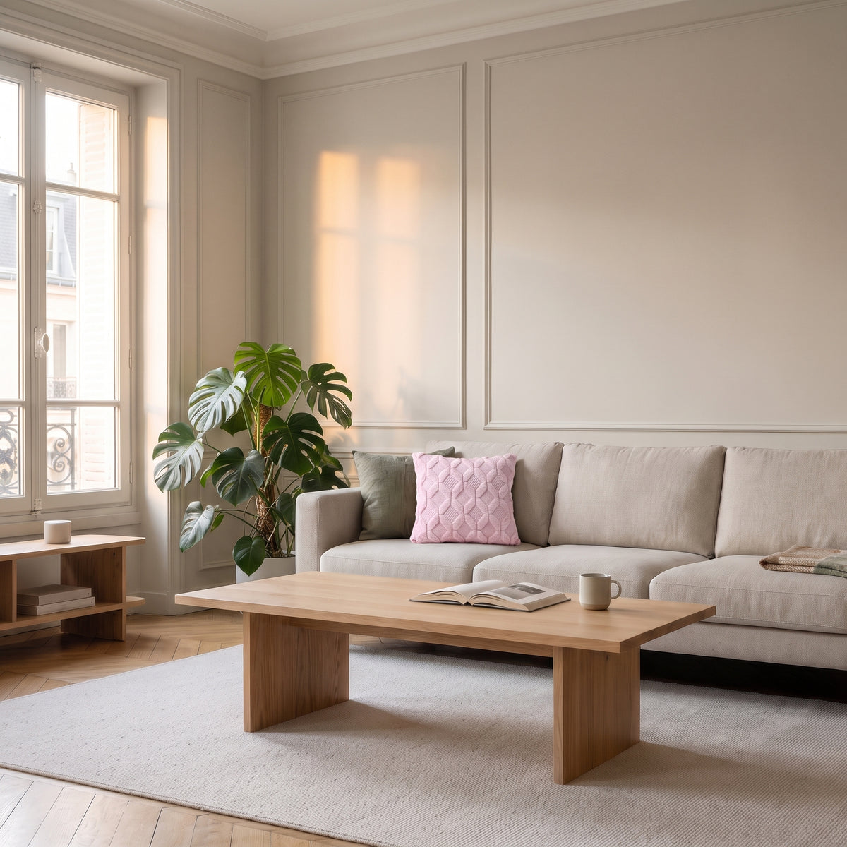 Housse de coussin à poils longs rose clair