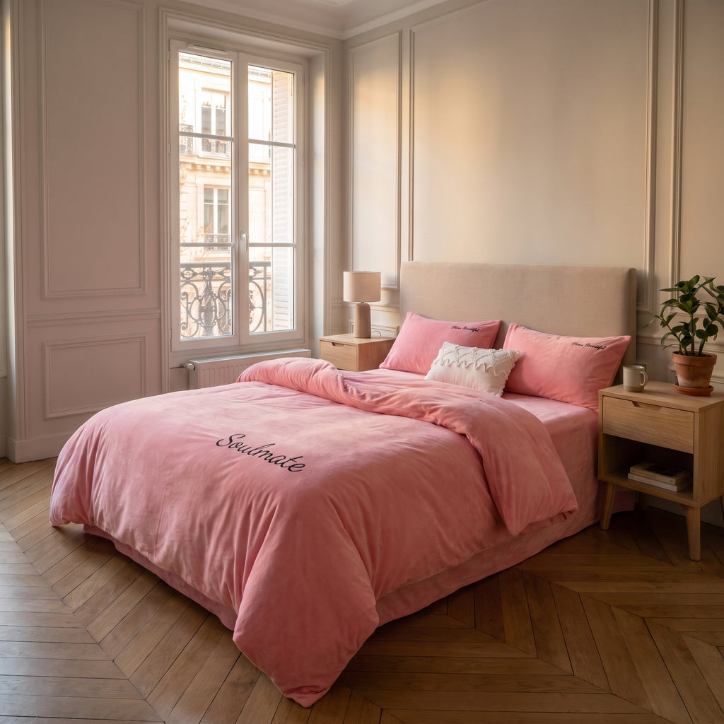 Housse de couette imitation velours rose clair