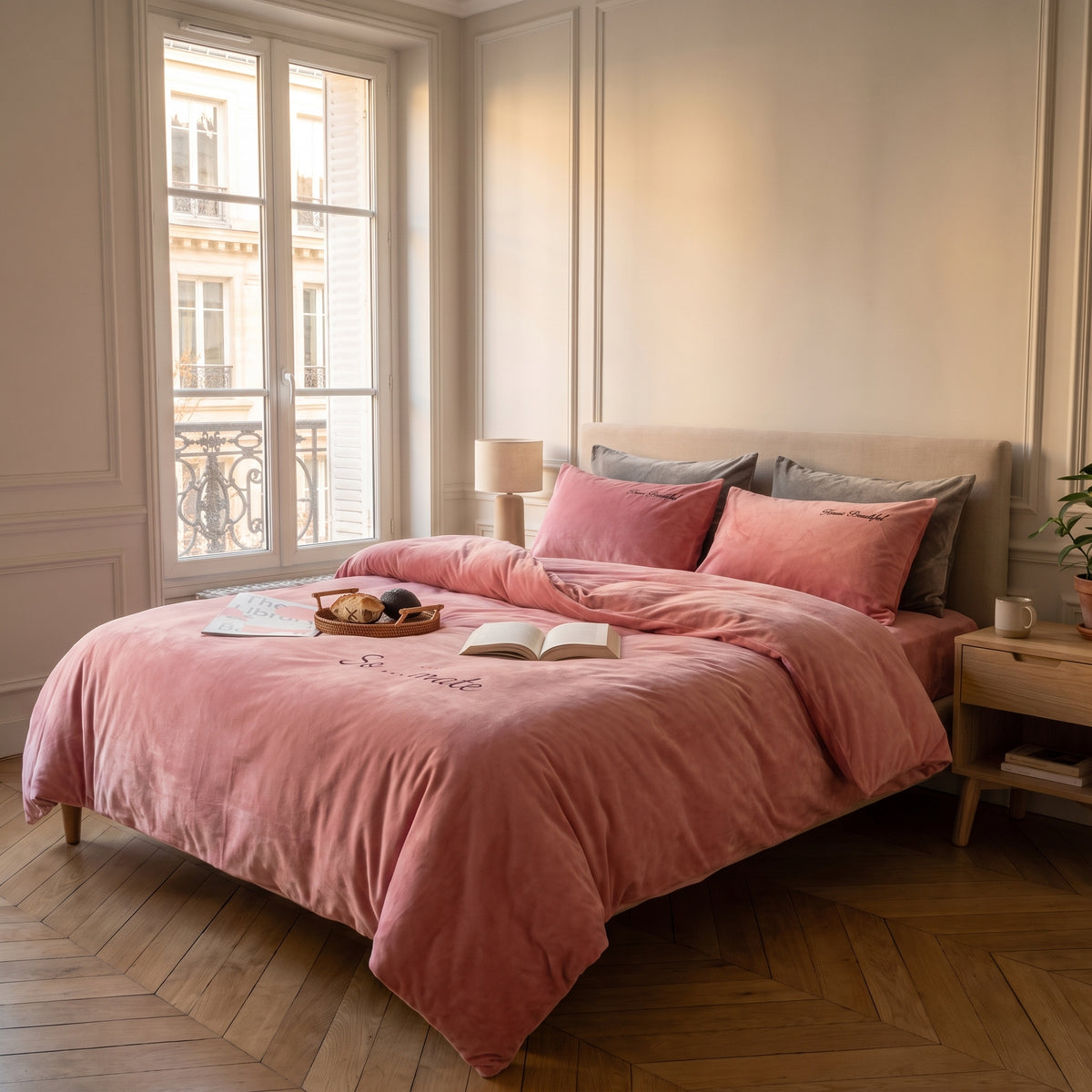 Housse de couette imitation velours rose foncé