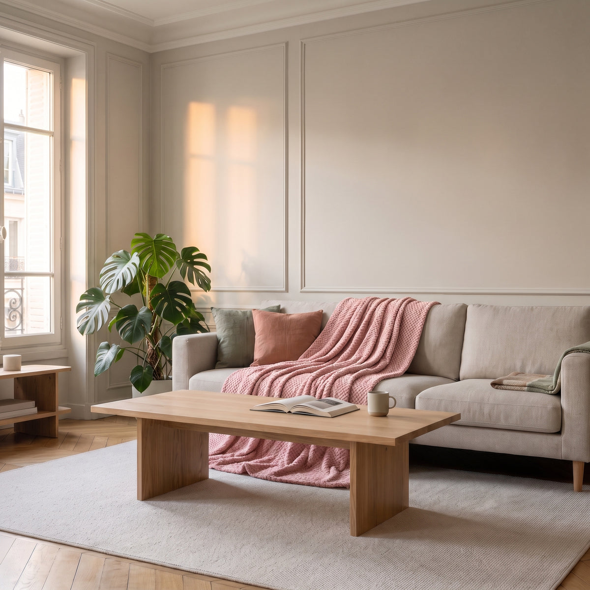 Plaid en polaire rose foncé jeté sur un canapé