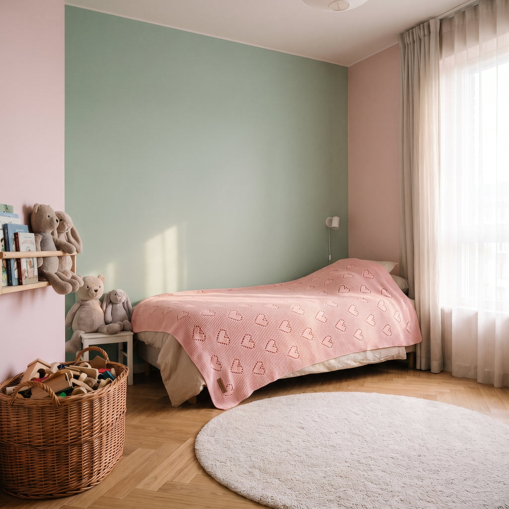 Couverture bébé rose sur un lit d'enfant