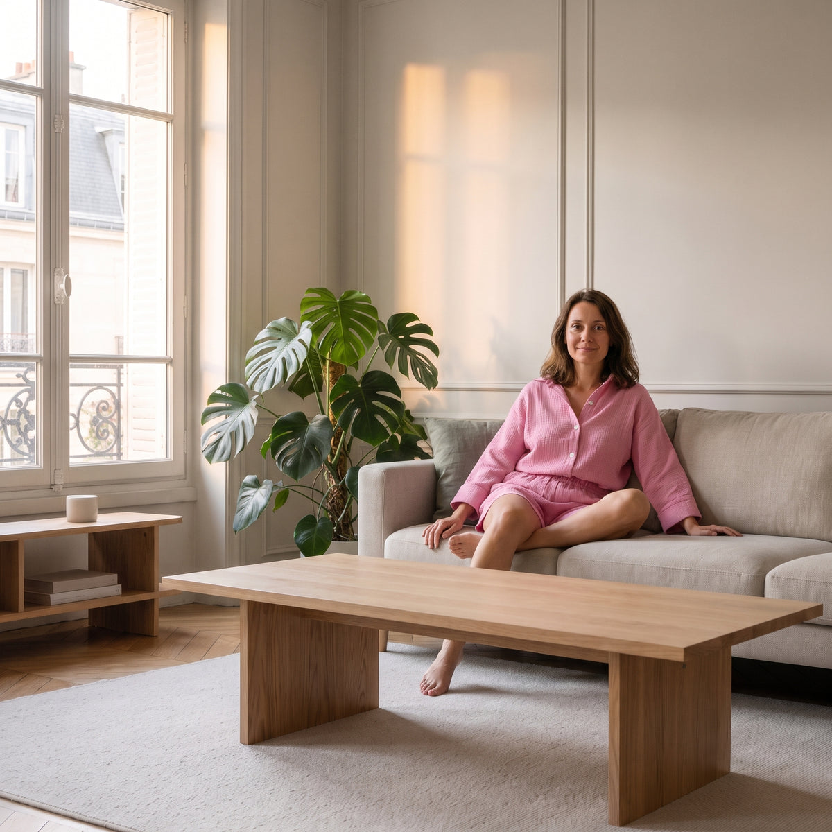 Femme assise portant l'ensemble chemise et short en gaze de coton rose pâle