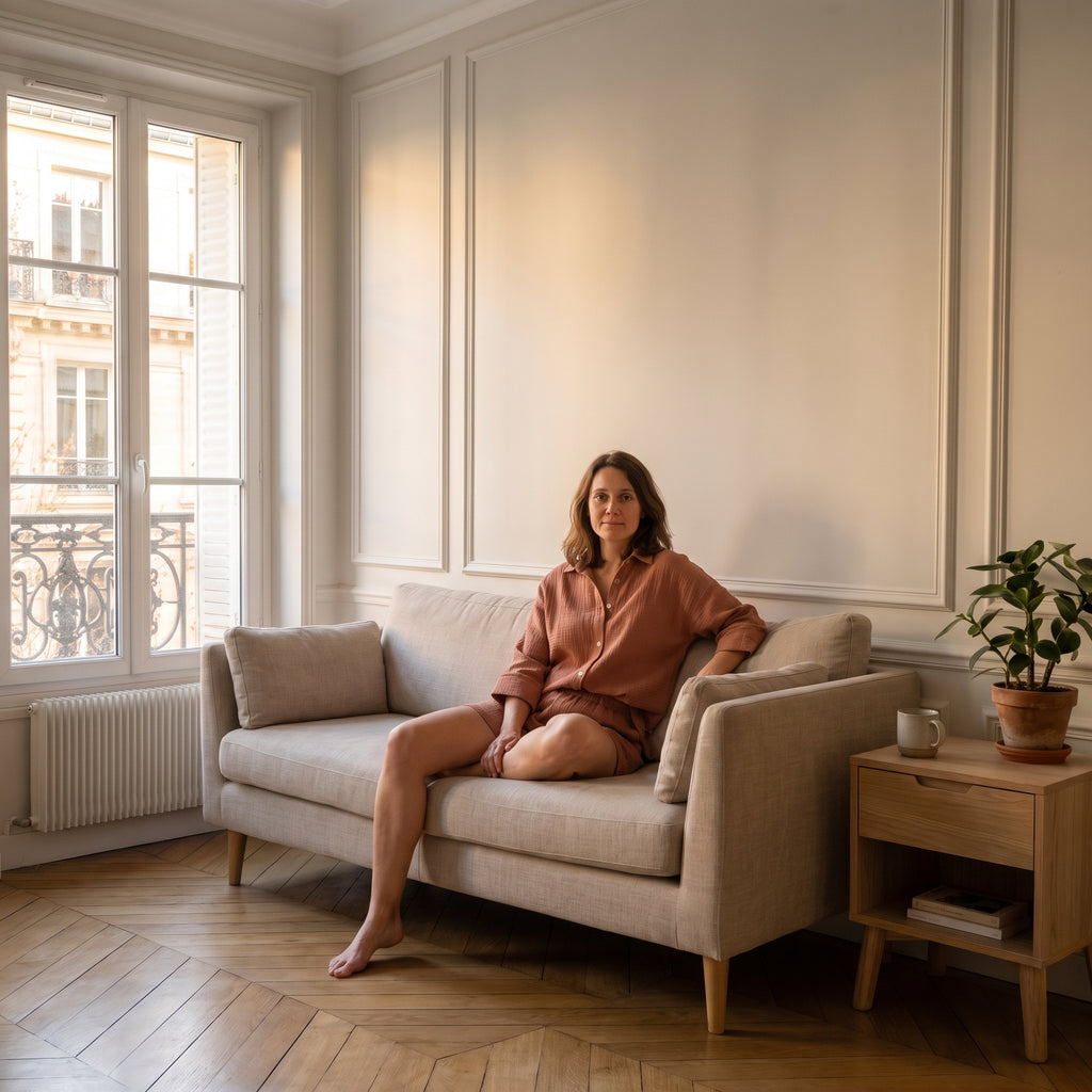 Femme assise portant l'ensemble chemise et short en gaze de coton vieux rose