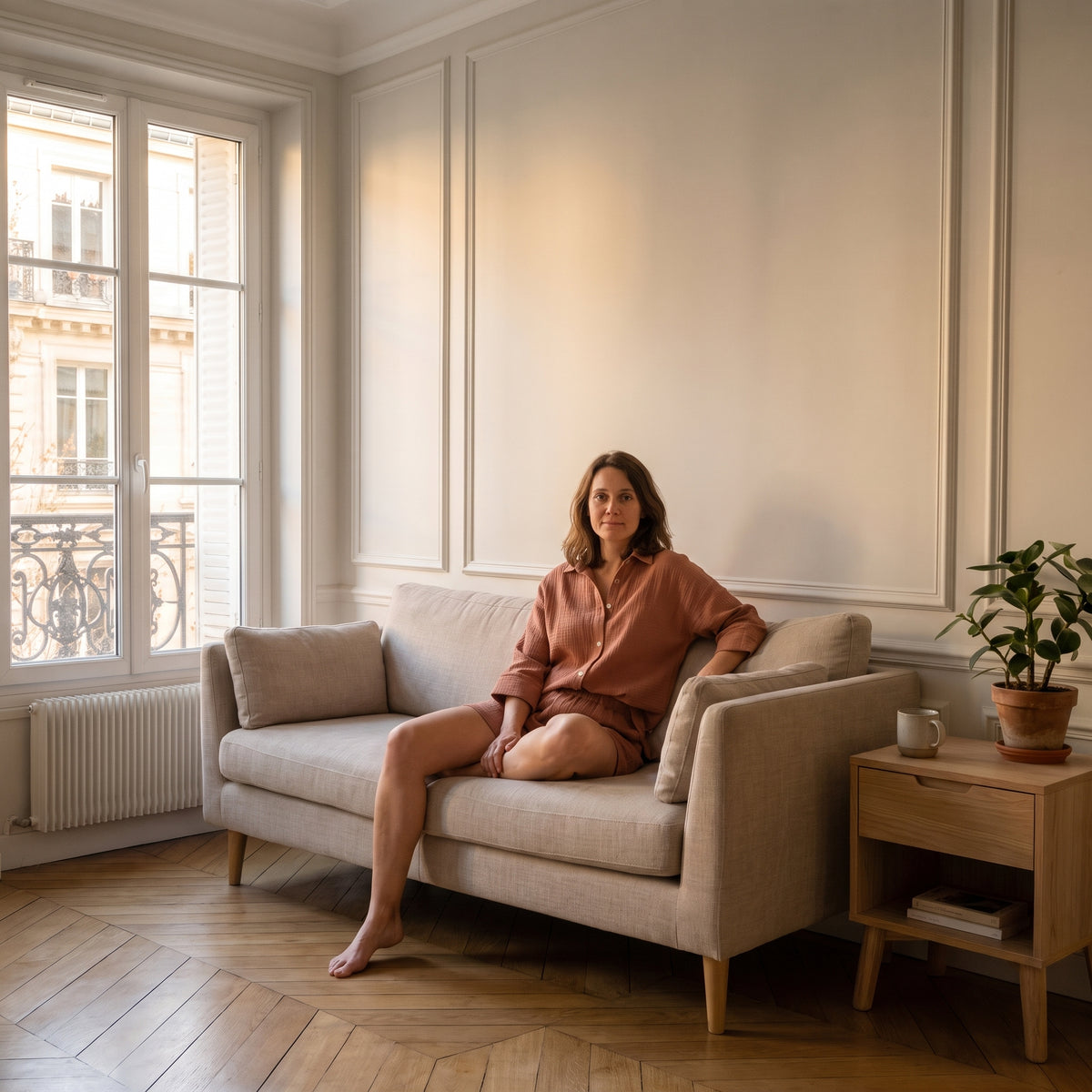 Femme assise portant l'ensemble chemise et short en gaze de coton vieux rose