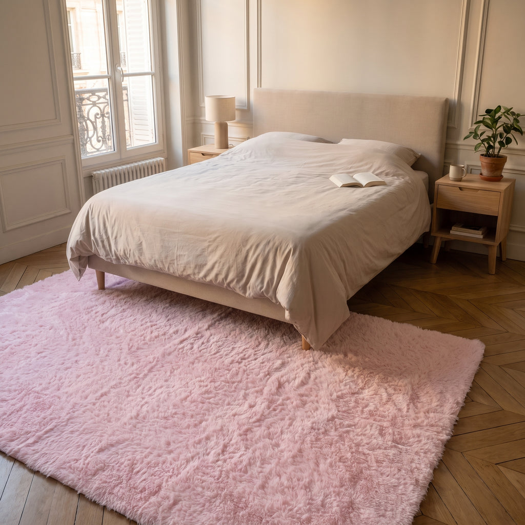 Tapis à poils longs rose poudré marbré déployé au sol devant le lit, le poil passe du rose très pâle au blanc
