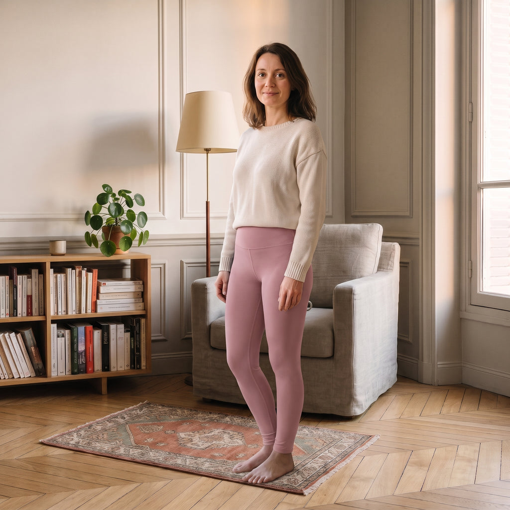 Femme du casting portant le legging de sport rose poudré