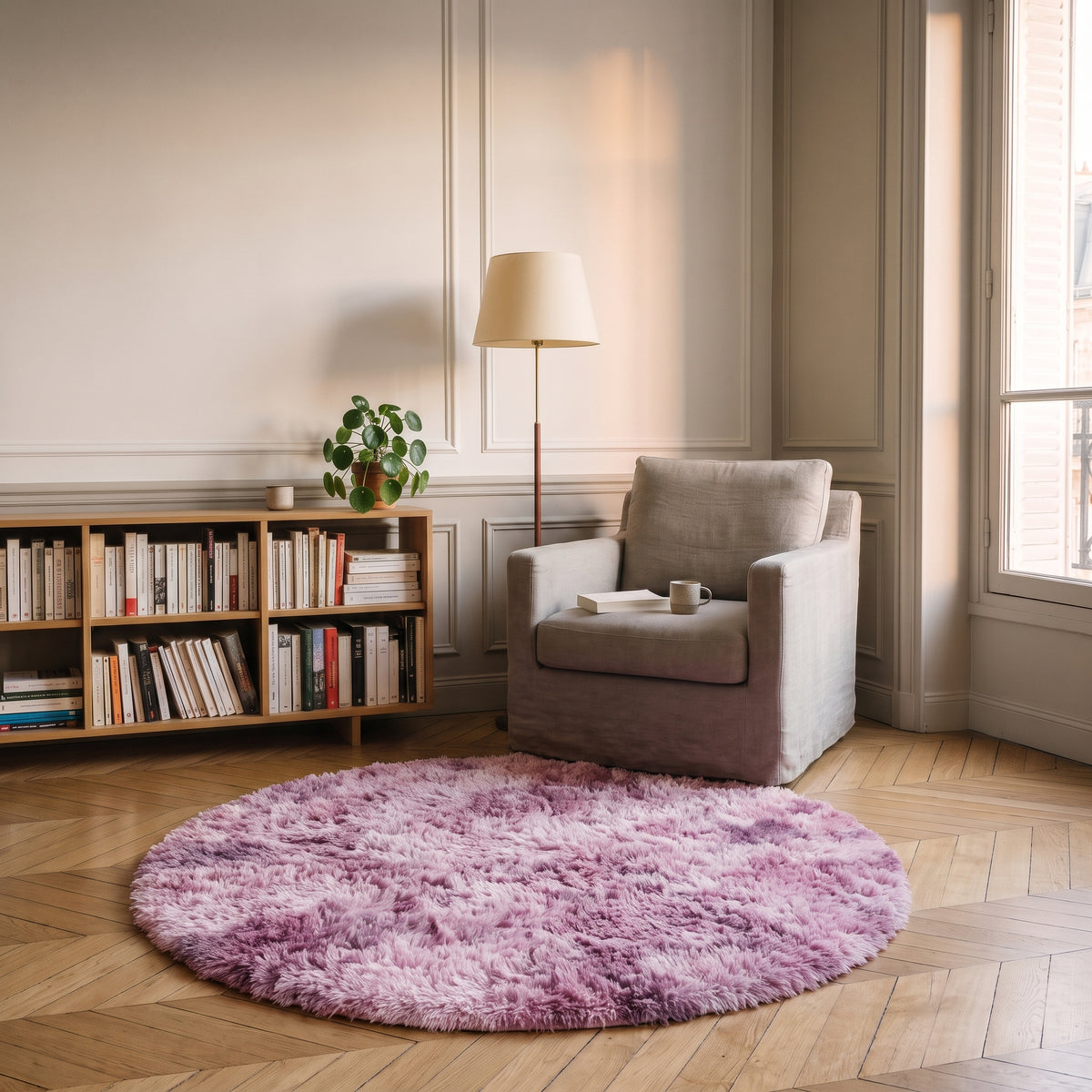 Tapis rond à poils longs coloris Rose, posé devant le fauteuil d'un coin lecture