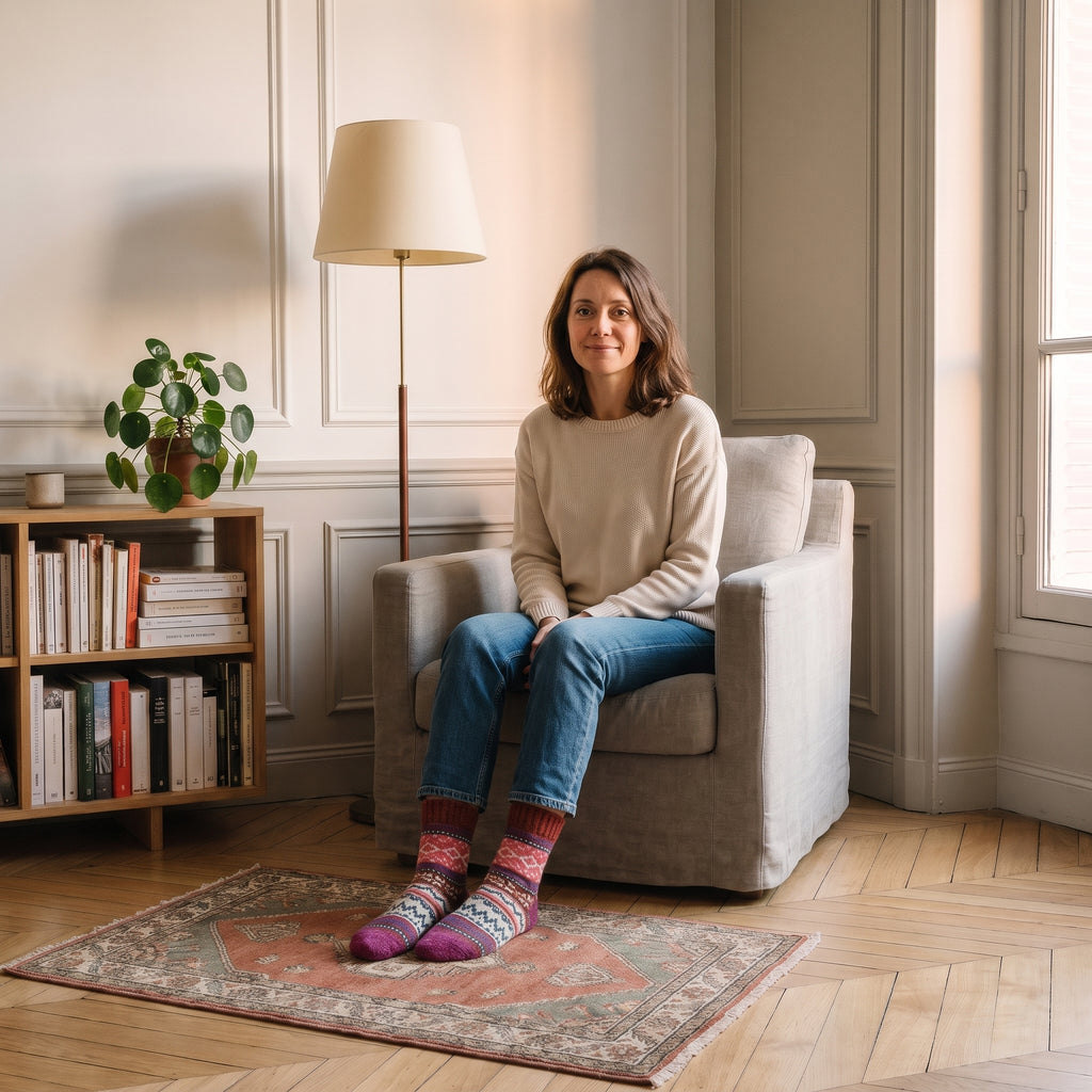 Chaussettes multicolores roses portées aux pieds dans un coin lecture