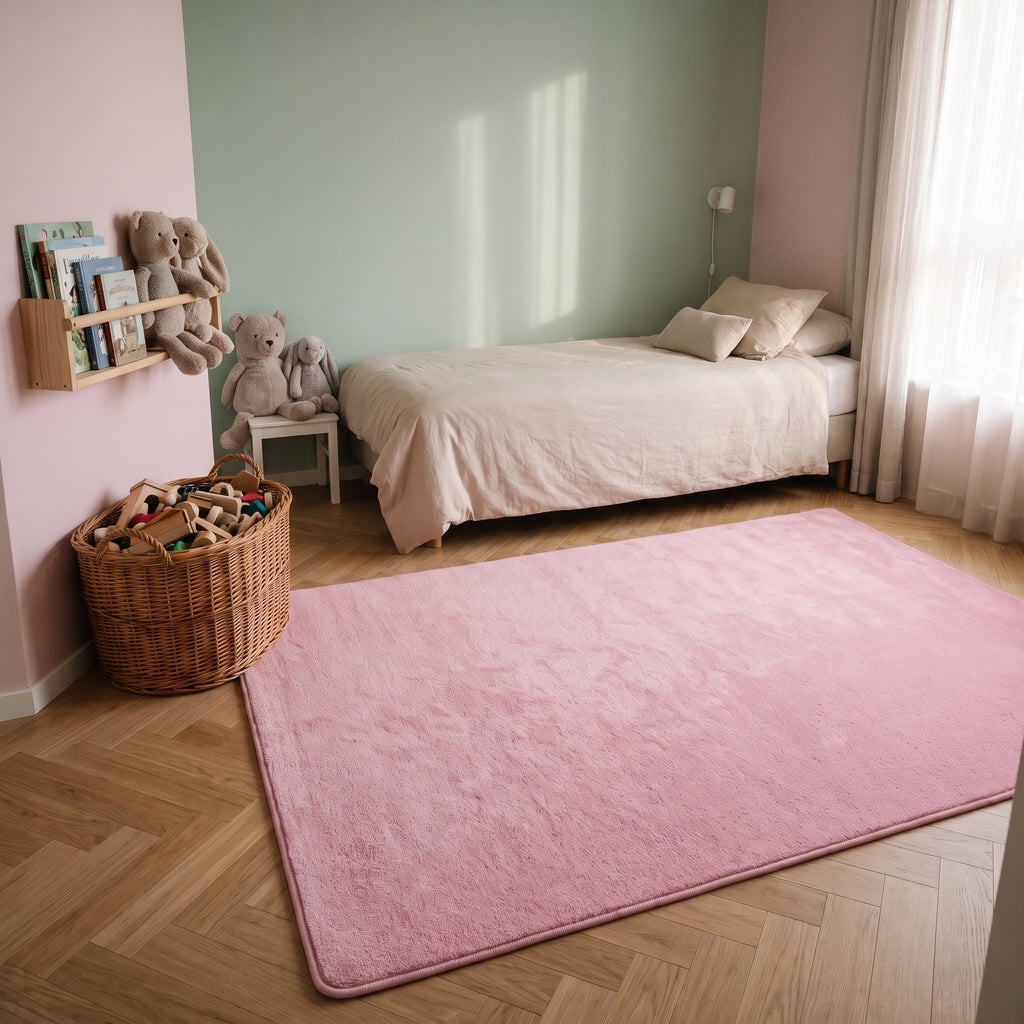 Tapis en molleton rose posé au sol d'une chambre d'enfant, devant le lit