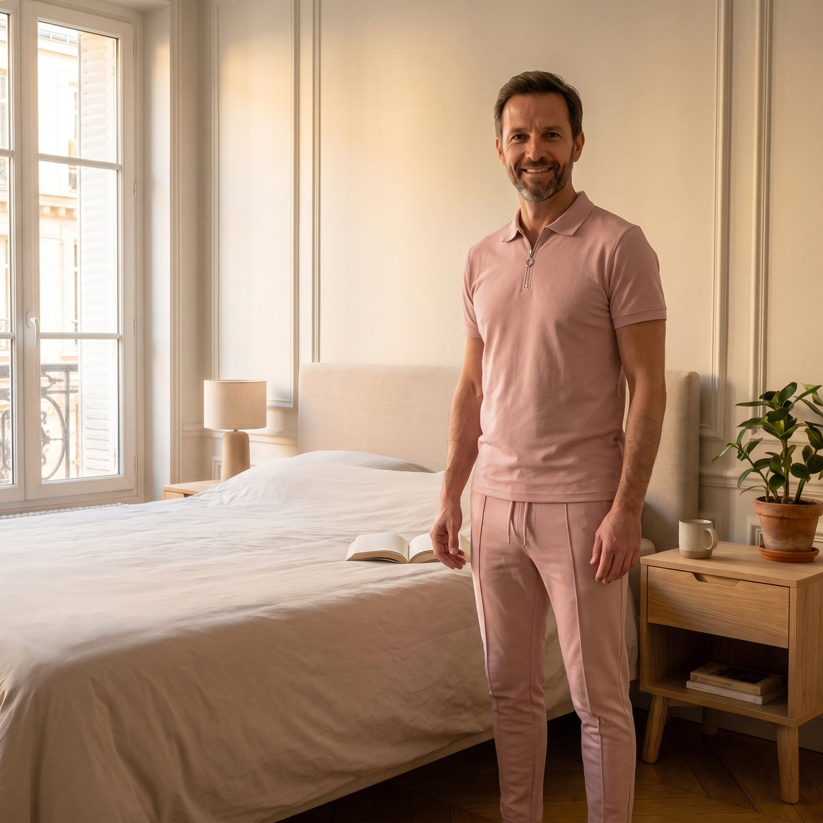 Ensemble homme polo rose porté dans une chambre