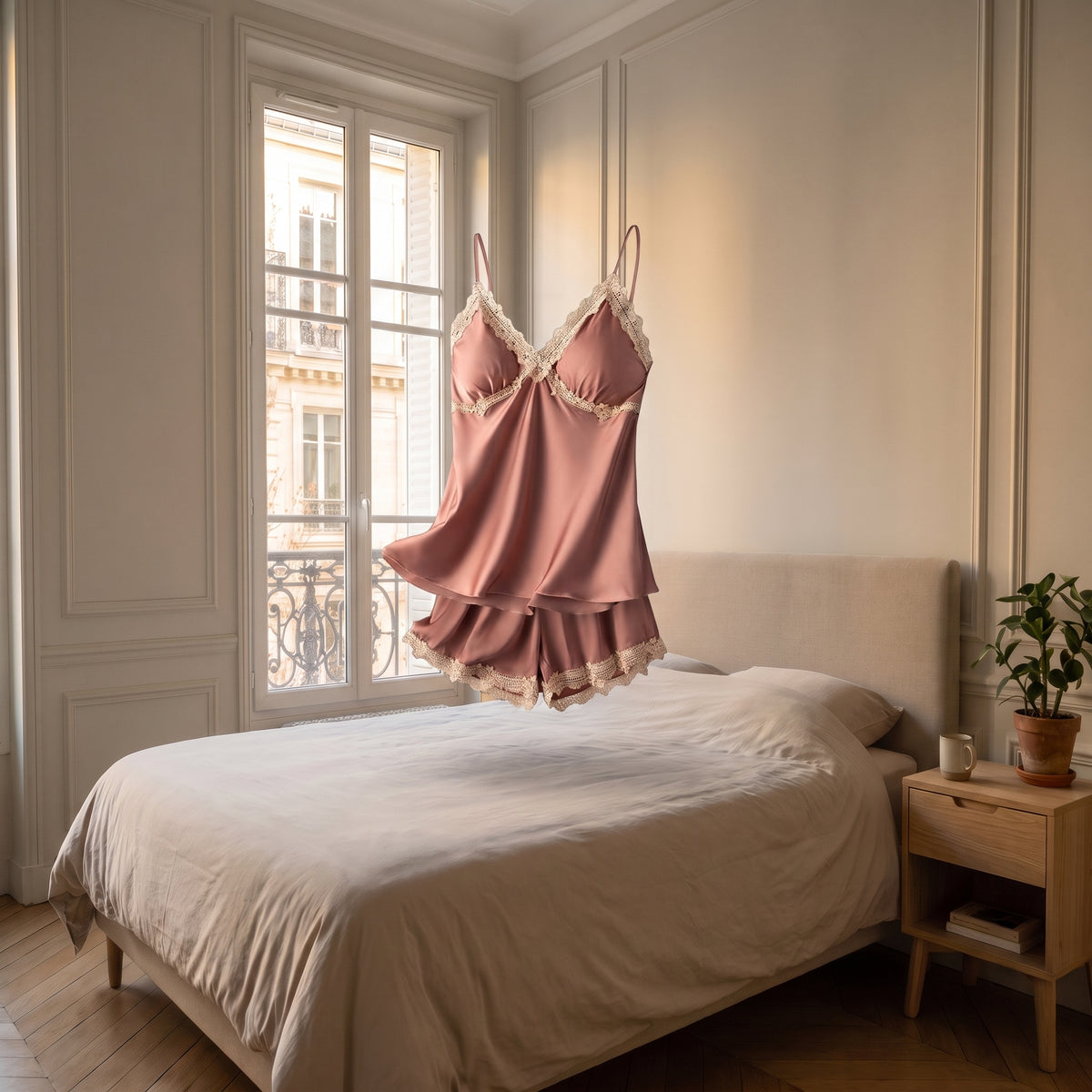 Pyjama en dentelle rose sans corps, montrant la coupe
