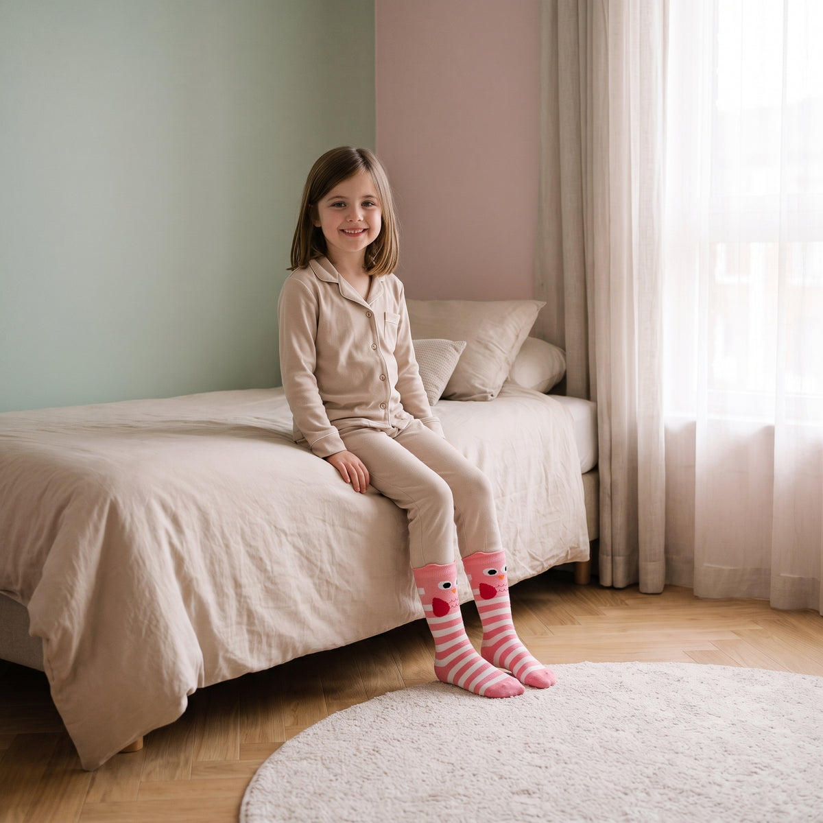 Chaussettes hautes roses à chouettes portées par une enfant