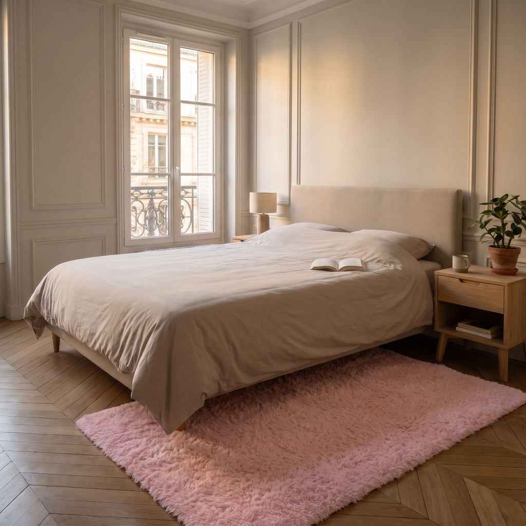 Tapis à poils longs rose franc et uni déployé au sol, devant le lit et la table de chevet