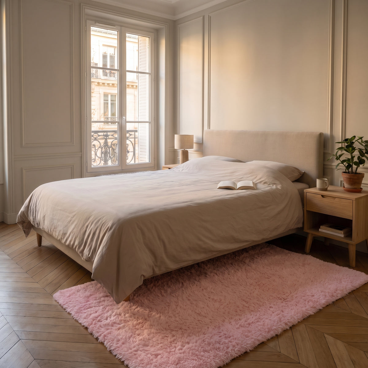 Tapis à poils longs rose franc et uni déployé au sol, devant le lit et la table de chevet