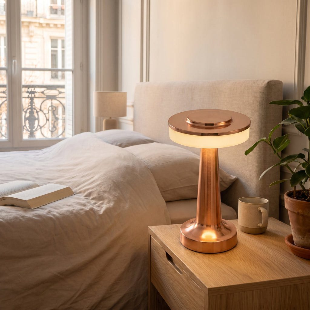 Lampe de table LED rose posée sur une table