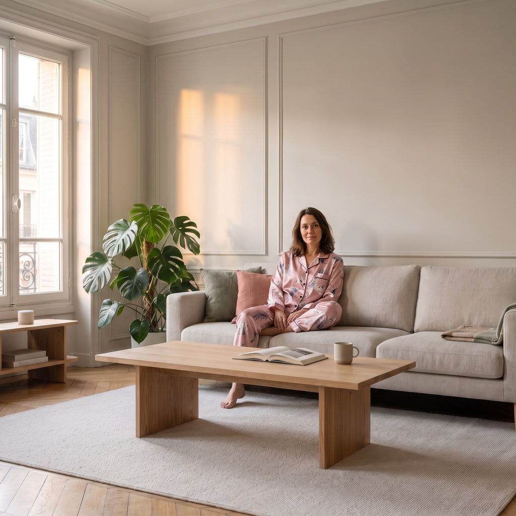 Pyjama en satin rose porté par une femme