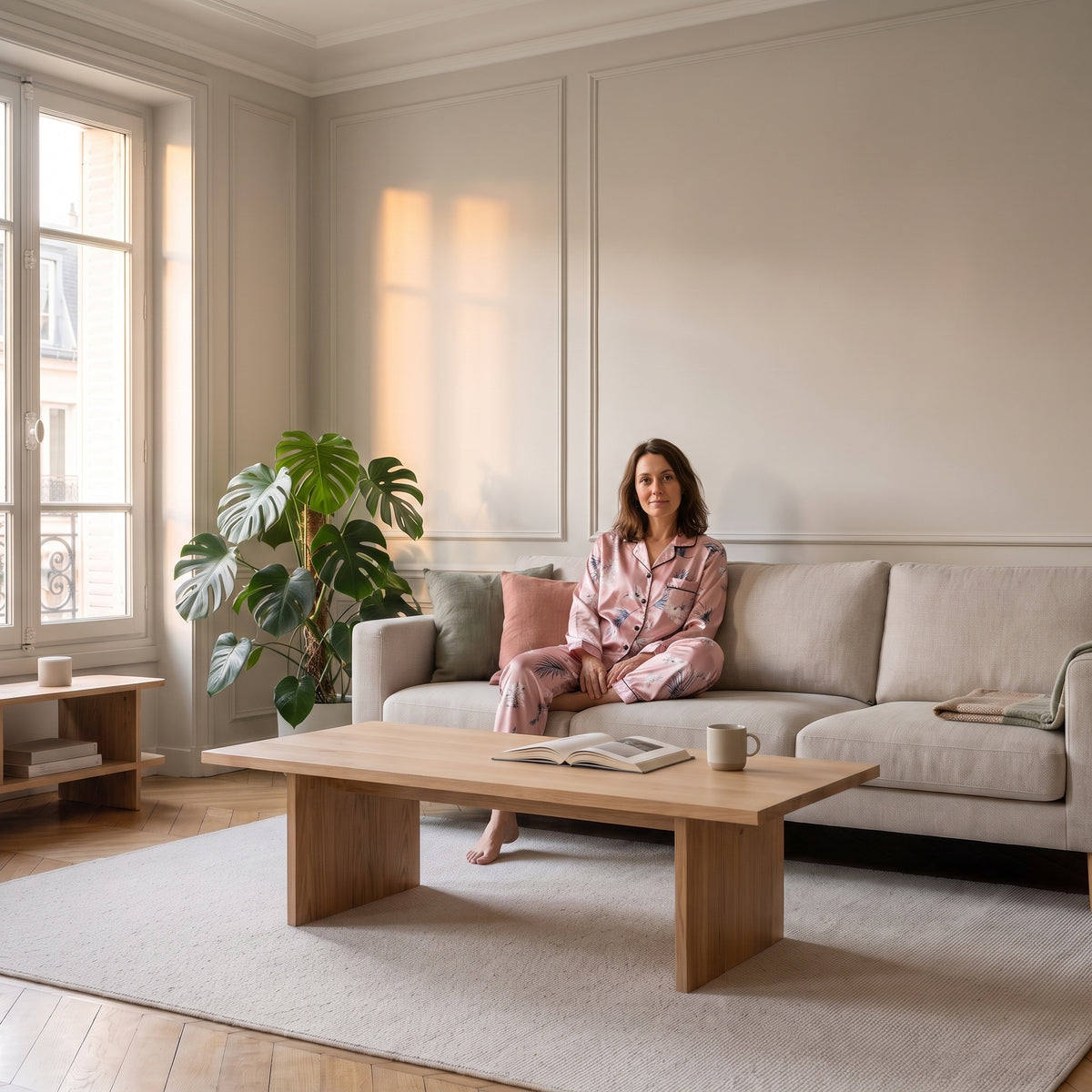 Pyjama en satin rose porté par une femme