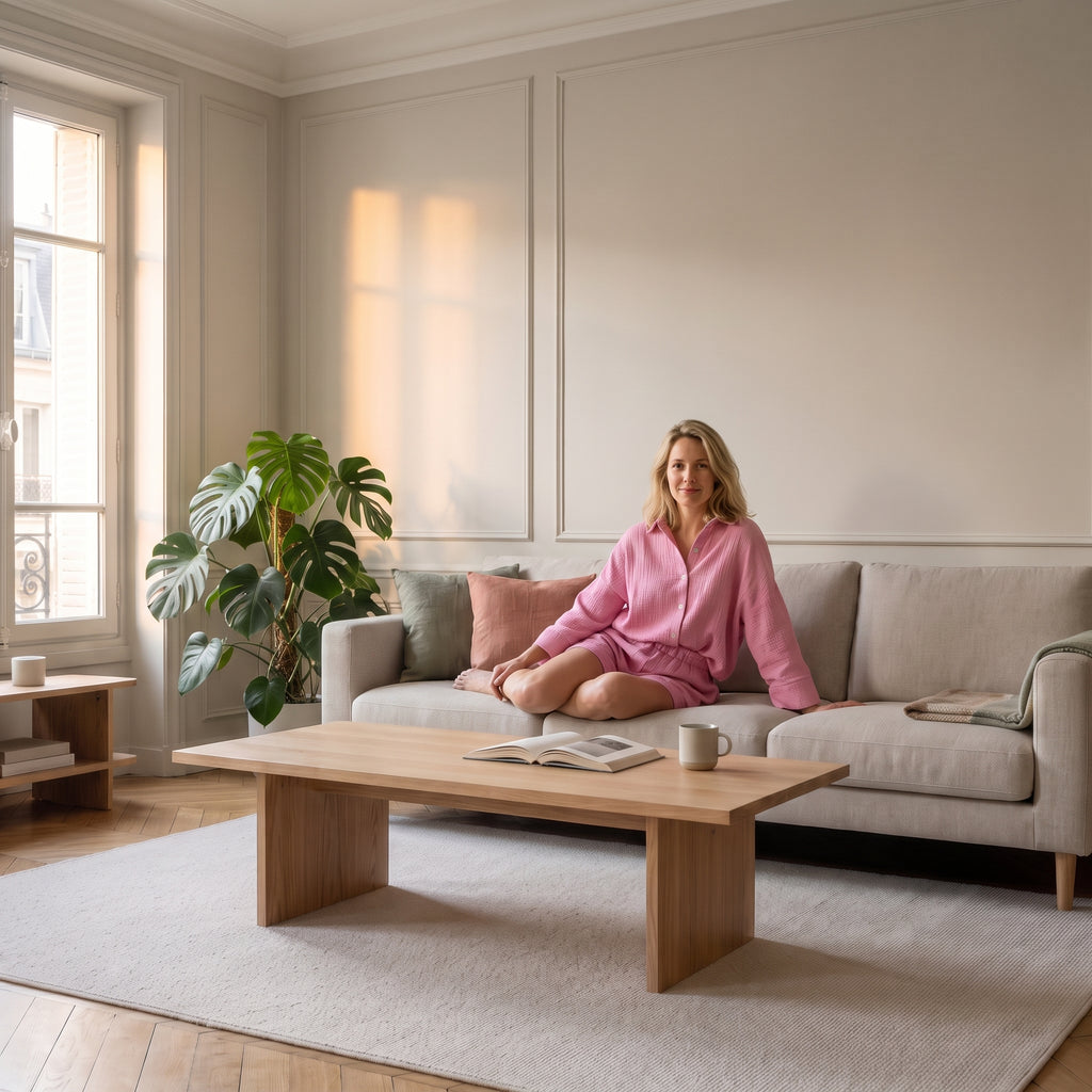 Femme assise portant l'ensemble chemise et short en gaze de coton rose