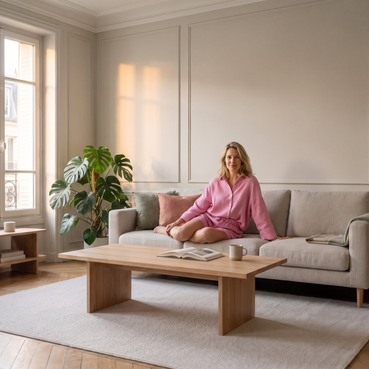 Femme assise portant l'ensemble chemise et short en gaze de coton rose