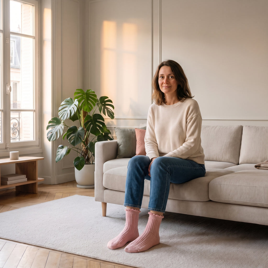 Chaussettes à volants roses portées