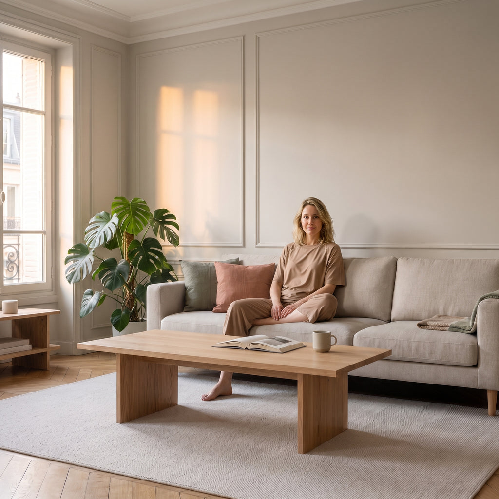 Ensemble d'intérieur en viscose rose porté par une femme