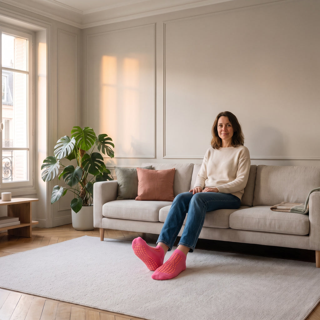 Chaussettes antidérapantes roses portées aux pieds